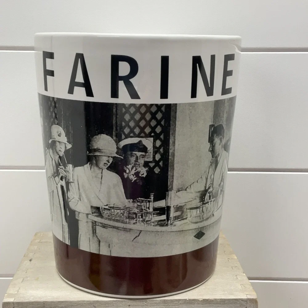 Tognana Italy Porcelain Flour Farine Canister Vintage Cafe Scene White Brown